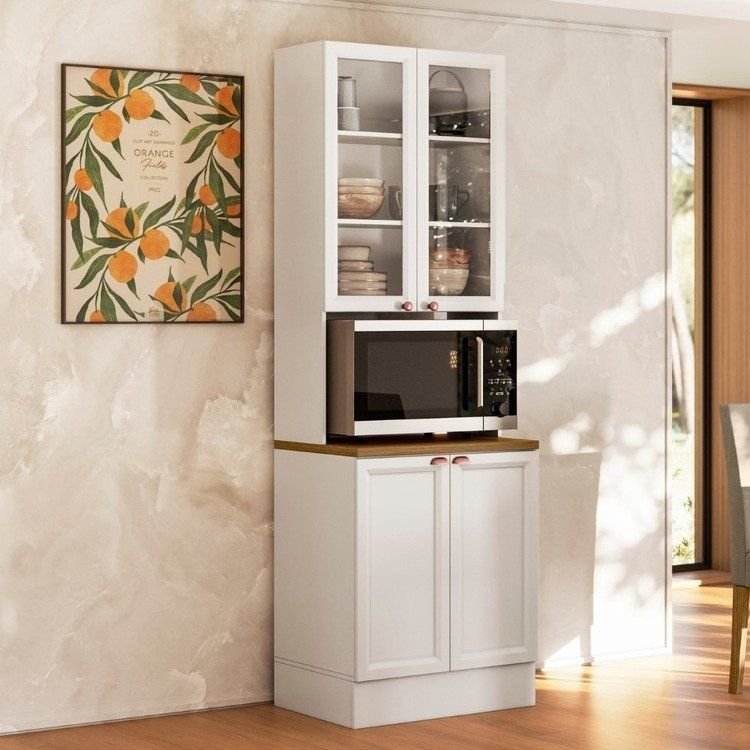 Paneleiro Duplo Americano com Nicho para Micro-Ondas com Vidro 4 Portas 213x70cm Unna Yescasa Branco Branco
