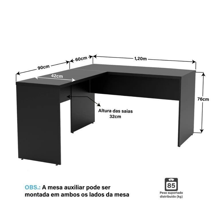 Escrivaninha Mesa Escritório em L Tampo 120cm Preto Preto · foto 2