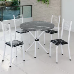 Conjunto de Jantar Mesa Tampo Redondo de Granito Topázio com 4 Cadeiras Sara Yescasa Branco/Preto Floral Branco/Preto