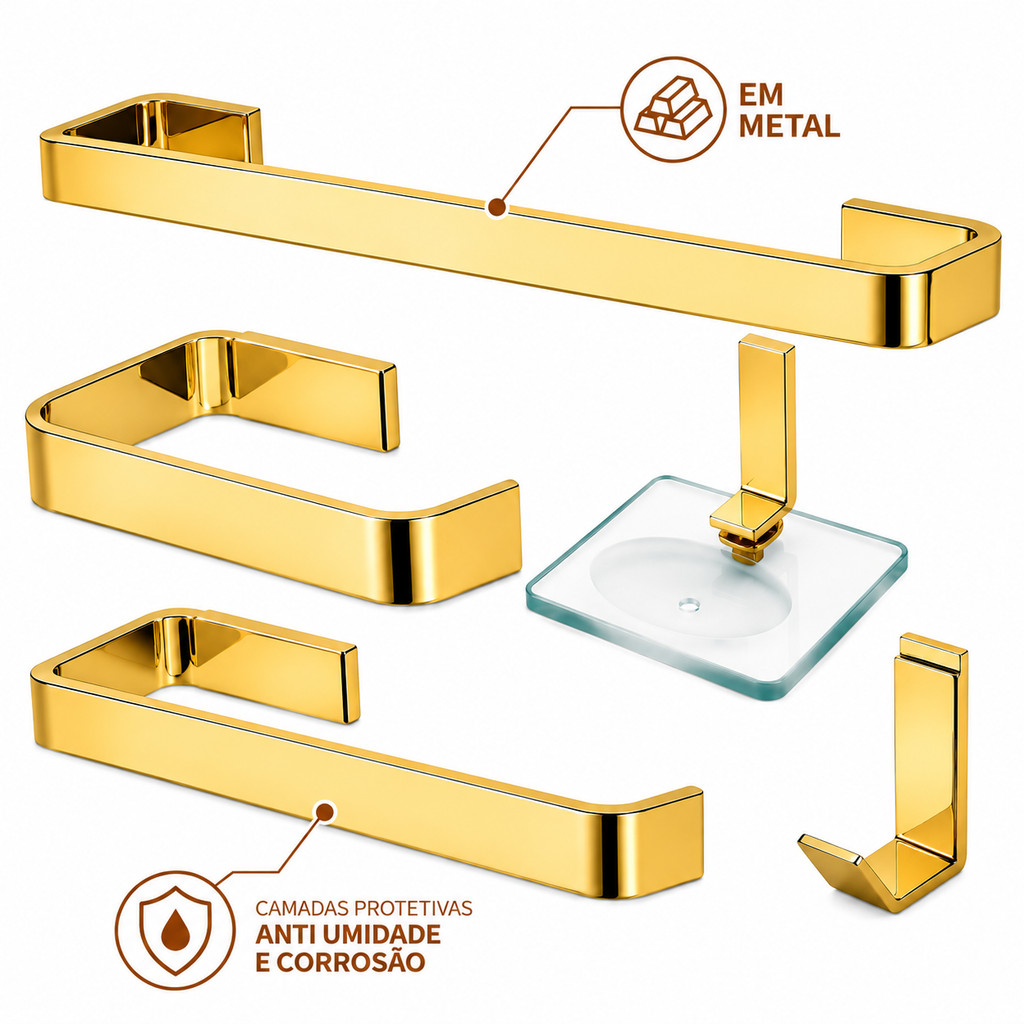 Kit Acessórios para Banheiro Completo Metal 5 Peças Toalheiro Athena Dourado · foto 2