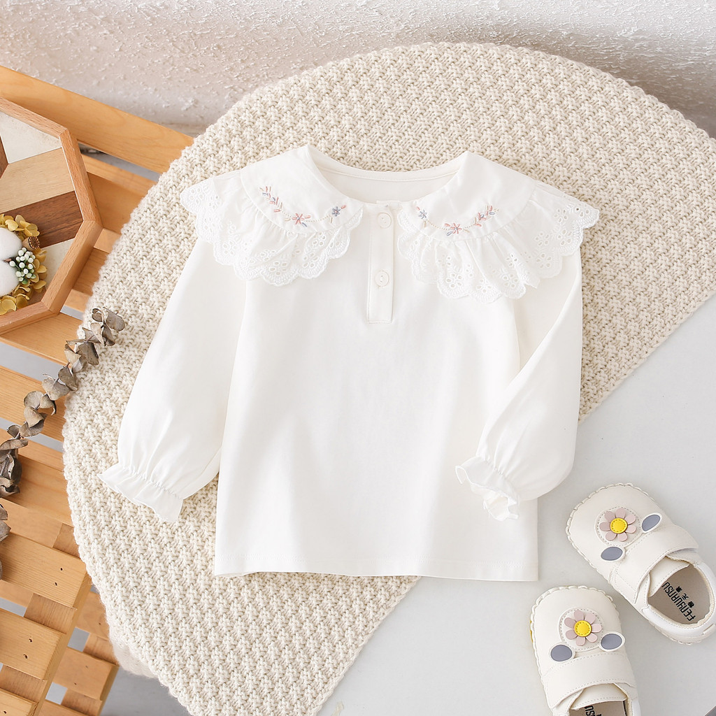 Médio pequeno crianças de manga comprida camiseta primavera outono princesa lapela bordado branco bebê topo menina bebê 