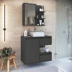 Gabinete de Banheiro 80cm Paula com Espelheira 01 Porta e Cuba Branca Preto/Grafite Branco