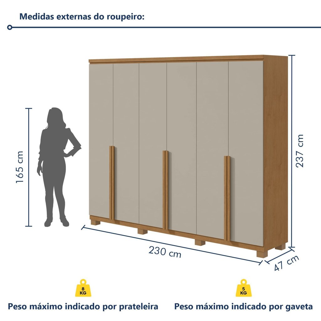 Guarda-Roupa Casal 6 Portas 4 Gavetas com Pés MDF 230cm Alonzo Marrom Amêndoa Clean/Off White Amêndoa Clean/Off White · foto 2