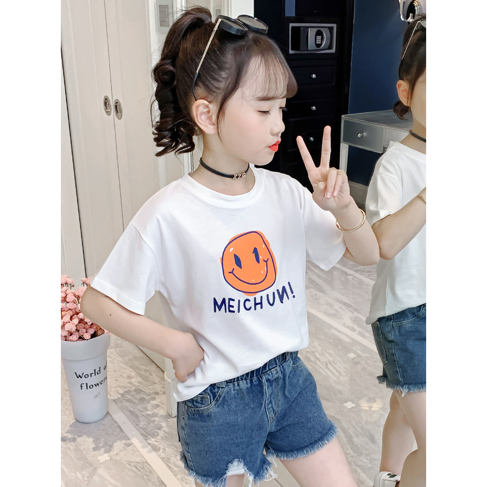Meninas camiseta de manga curta 2026 novo estilo estilo ocidental Smiley Face impresso grandes crianças algodão topo Cas