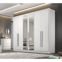 Guarda Roupa Casal MDF 6 Portas 6 Gavetas com Espelho Reno Branco Branco