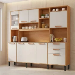 Cozinha Compacta com Tampo e Nicho para Micro-Ondas 220cm Nápoles Itatiaia Marrom Cinamomo/Off White Cinamomo/Off White