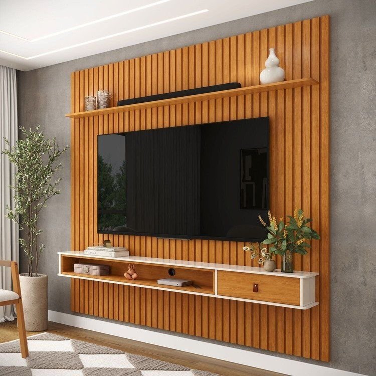 Painel Ripado para TV até 65 Polegadas MDF 160x250cm Prateleira Nicho e Gaveta Off White e Nature 250cm x 160cm