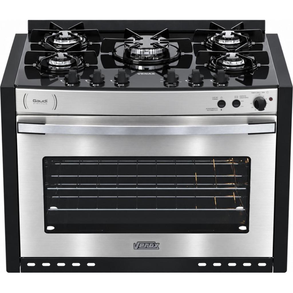 Fogao de embutir 5 Bocas Venax Gaudi Platinum Vitreo Inox Gas Glp