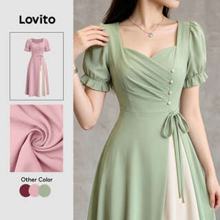 Lovito Vestido Elegante Retrô Com Botões Frontais Assimétrico E Com Amarração Nas Costas Verde Primavera/verão Para Mulheres DRK9P1D1220