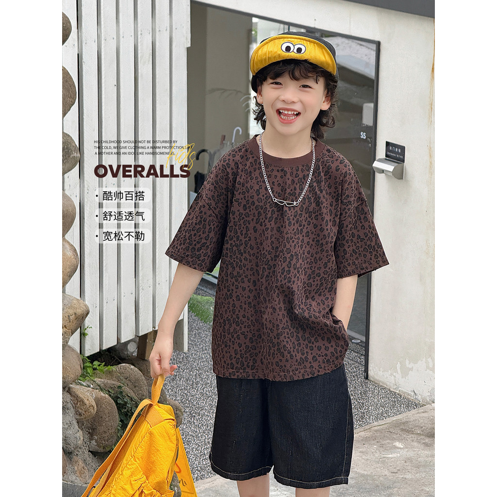 Meninos verão leopardo impressão de manga curta algodão camiseta 2026 novo estilo crianças bonito verão topo meninos sol