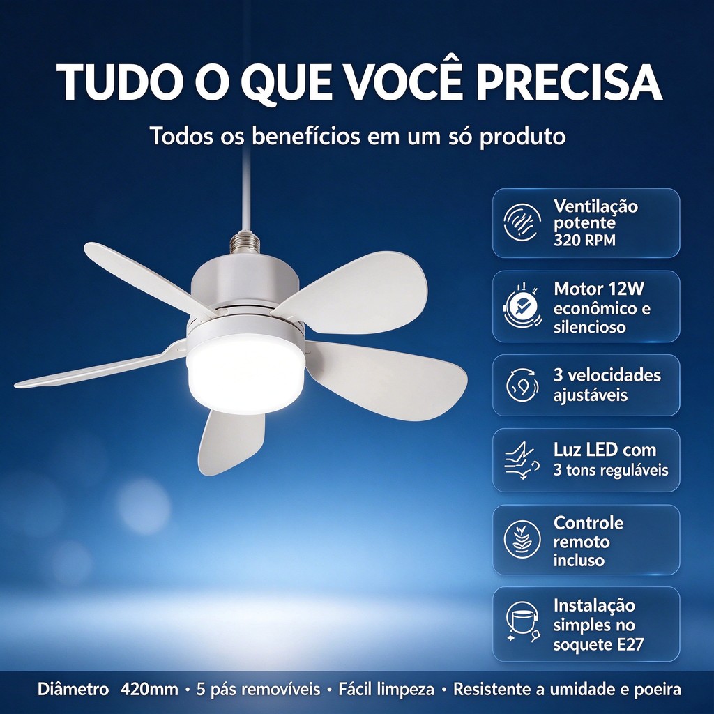 🔥 Novo Ventilador de Teto com Luz para Pequenos Espaços Silencioso Controle Remoto Instalação Fácil Bivolt