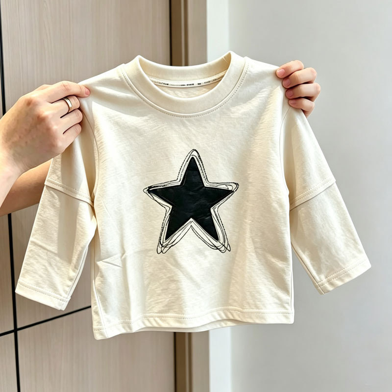 Algodão puro primavera outono novo estilo meninos falso de duas peças de manga comprida camiseta pequeno médio crianças 