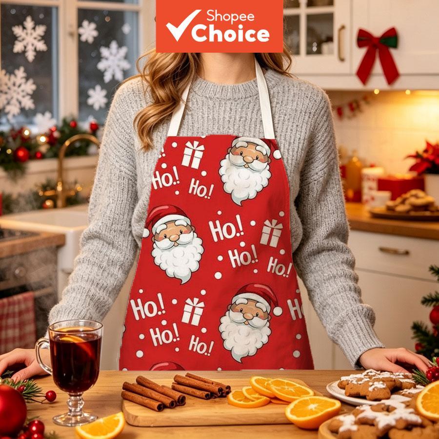 Avental de cozinha 100% poliéster com estampa de rostos de Papai Noel, escrita “Ho Ho” e caixas de presentes, ideal para