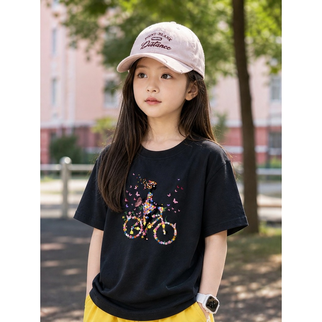 Floral Ciclismo Menina Impressão Meninas Respirável Algodão Camiseta Verão Básico