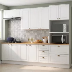 Cozinha Completa Modulada 5 Peças em MDF Torre Quente e Balcão com Tampo Cooktop Branco/Nature Emily Branco HP/Nature