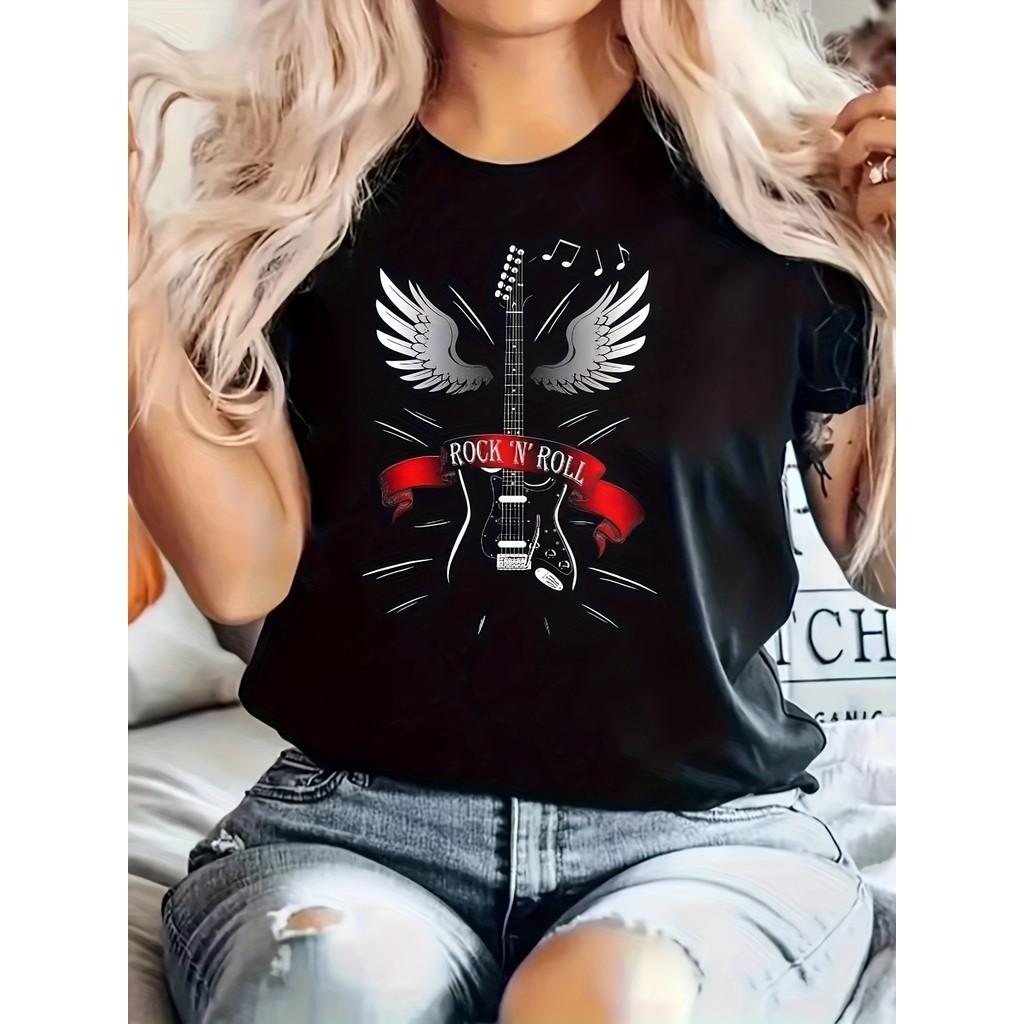 [Camiseta Premium em Algodão Puro]SISI Camiseta Feminina Plus Size Rock Wings Guitar Unissex Shirt Oversized