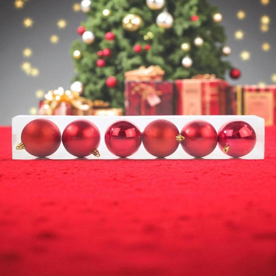 Bolas de Natal em Tubo - Vermelha Lisa, Matte e Glitter - 10cm - 6 unidades - Cromus - Rizzo