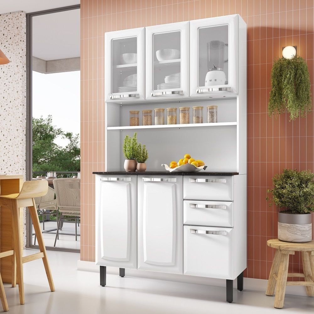 Cozinha Compacta em Aço 6 Portas (sendo 3 de Vidro) 2 Gavetas 105cm Pratika Itatiaia Branco em Oferta na Shopee