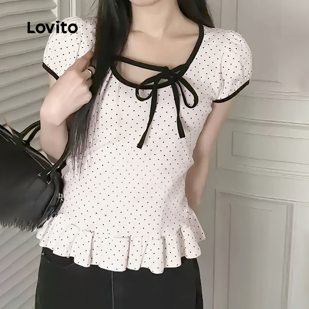 Lovito Camisa Casual de Malha com Cadarço Estampa De Bolinhas Primavera/verão Off-white Para Mulheres L156AD351