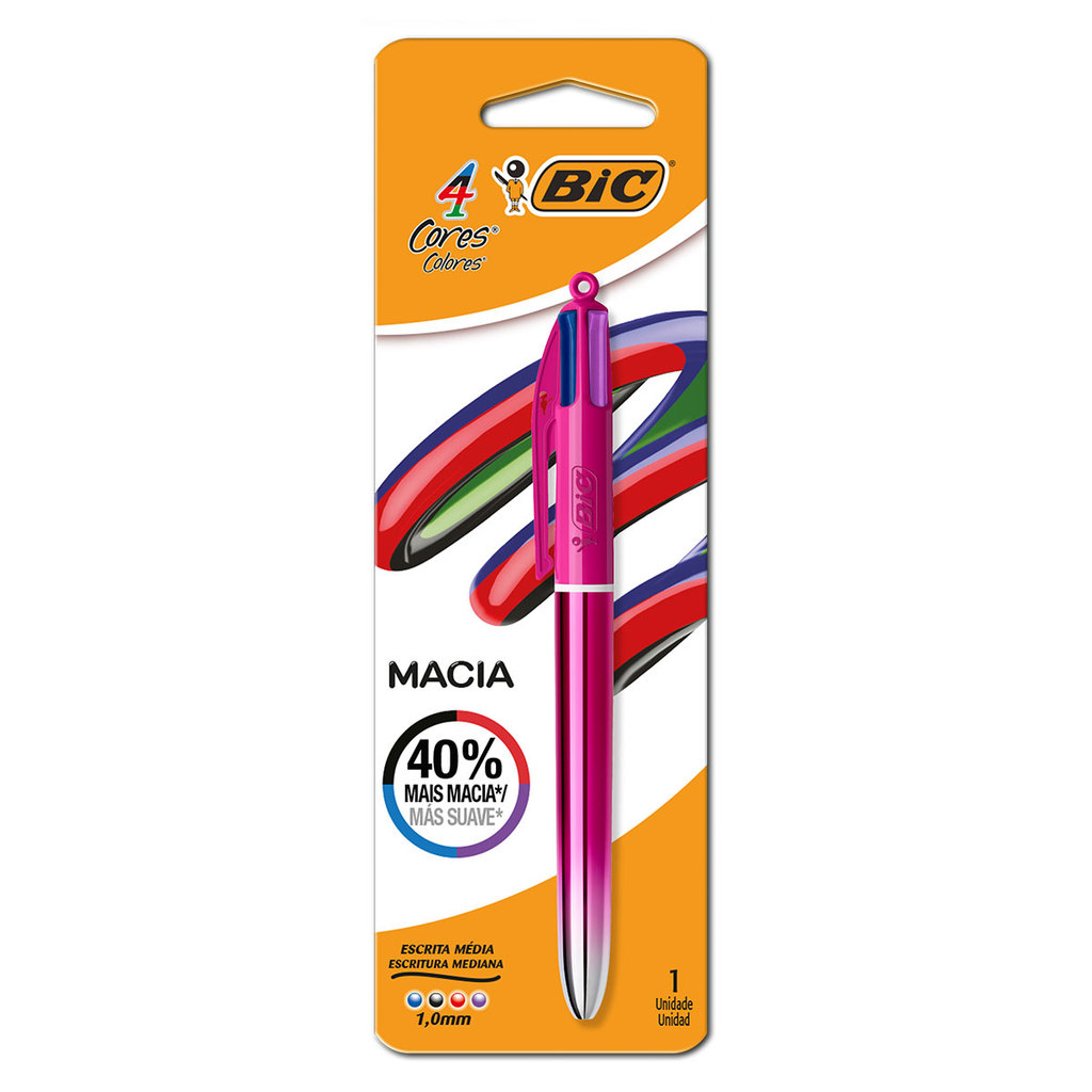 Caneta esferográfica 1.0 retrátil Degradê Rosa Metálica 4 cores Bic