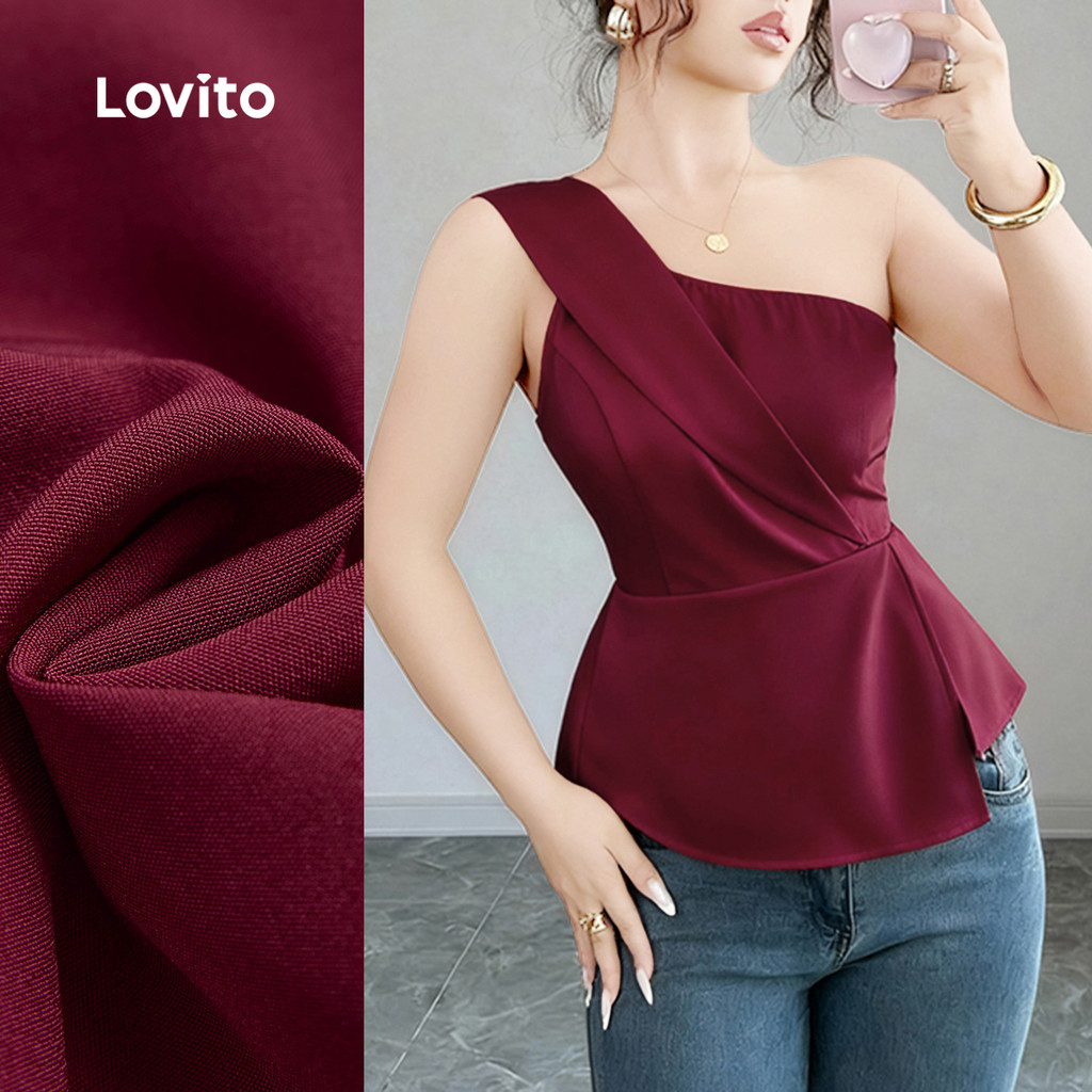 (NEW) Lovito Blusa Casual Assimétrica com Franzido e Fenda Primavera/verão Vinho para mulheres L155AD298 em Oferta na Shopee