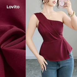 (Elegante) Lovito Blusa Assimétrica com Franzido e Fenda Primavera/verão Vinho para mulheres L155AD298