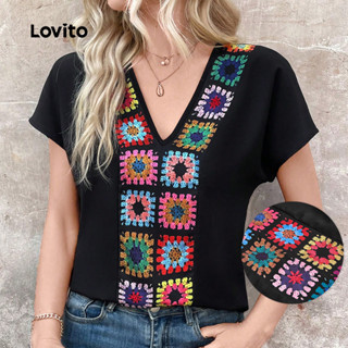 Lovito Blusa Casual de Tecido de Costura Estilo Nacional Primavera/verão Blusa Preta para Mulheres L154ED290 em Oferta na Shopee