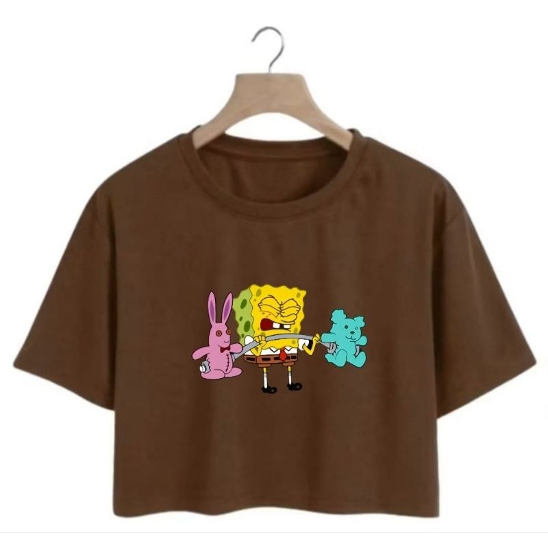 Cropped Feminino Academia Estampado Bob Esponja Manguinha Básico Confortável Algodão