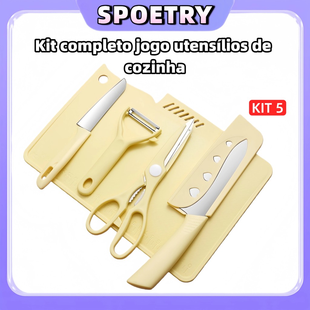 Imagem Jogo kit 5 peças facas Tabua Descascador Tesoura Profissional Cozinha Gourmet Faca de Churrasco