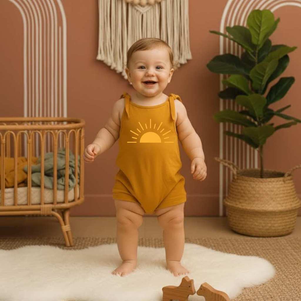 Jardineira Estampada Algodão Bebê Conjunto Minimalista Boho Sol