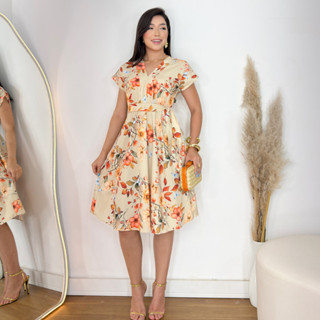 Vestido Evangélico Midi Floral Manga Curta Com Cinto Moda Cristã em Oferta na Shopee