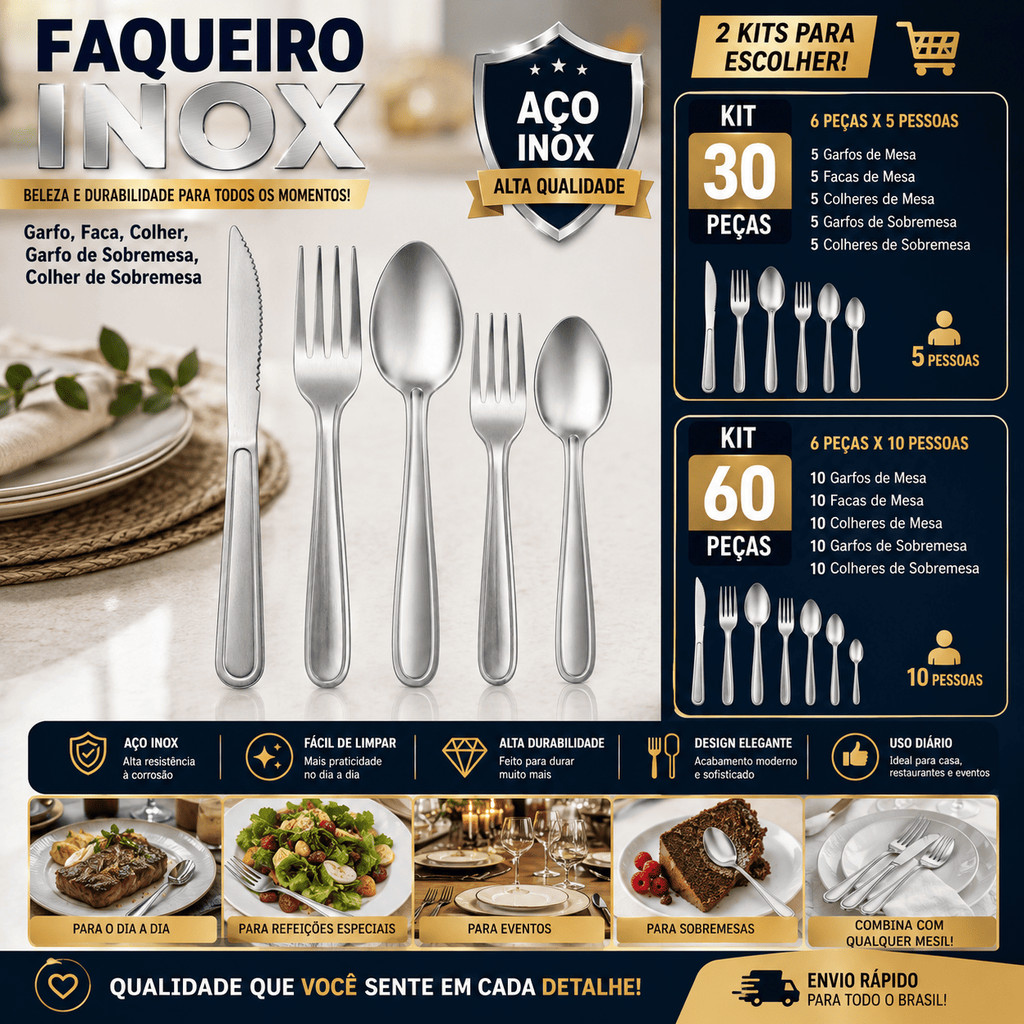 Kit 30 ou 60 Talheres em Inox Premium Jogo Completo