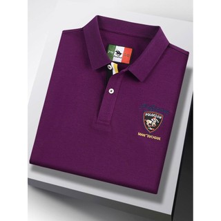 Paul meia-idade roxo manga curta camiseta masculina lapela puro algodão camiseta pai Casual Wear bordado