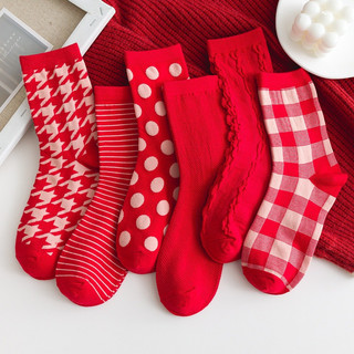 D484 Meias vermelhas femininas meias cano médio Houndstooth meias de cor sólida presentes de ano novo de algodão