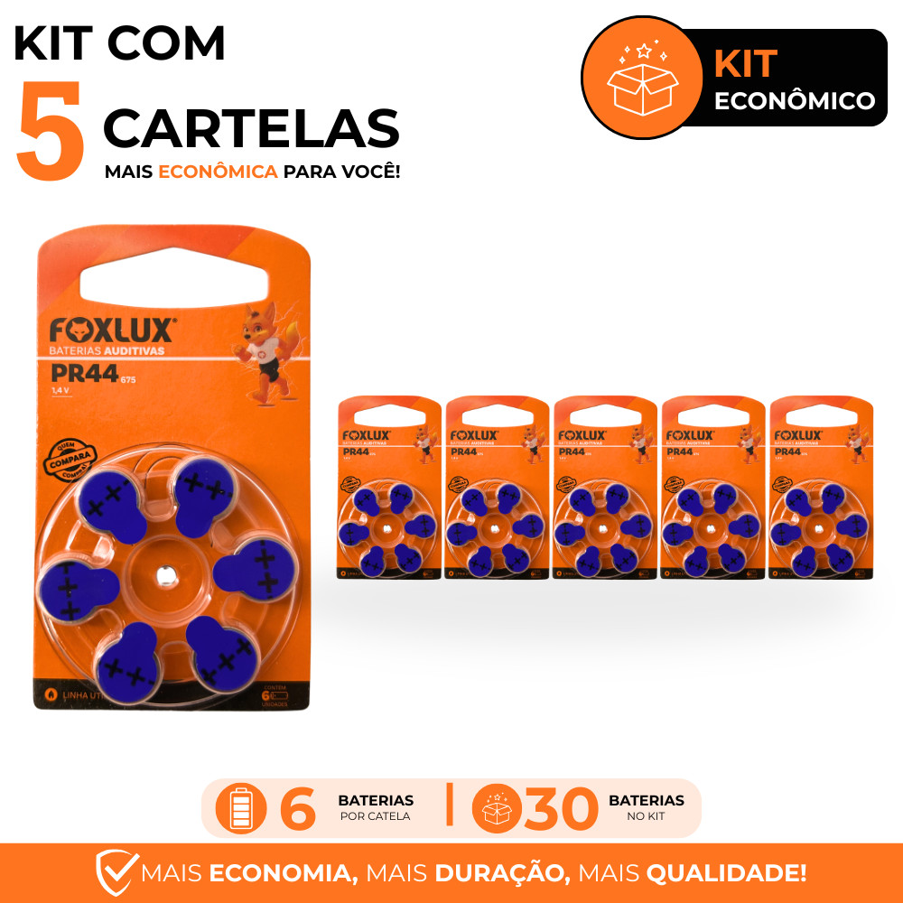 Pilhas Baterias Auditivas Foxlux 675 PR44 Kit com 30