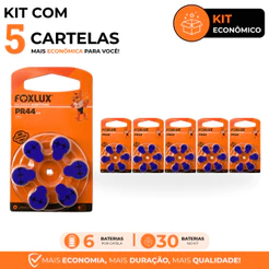 Pilhas Baterias Auditivas Foxlux 675 PR44 Kit com 30
