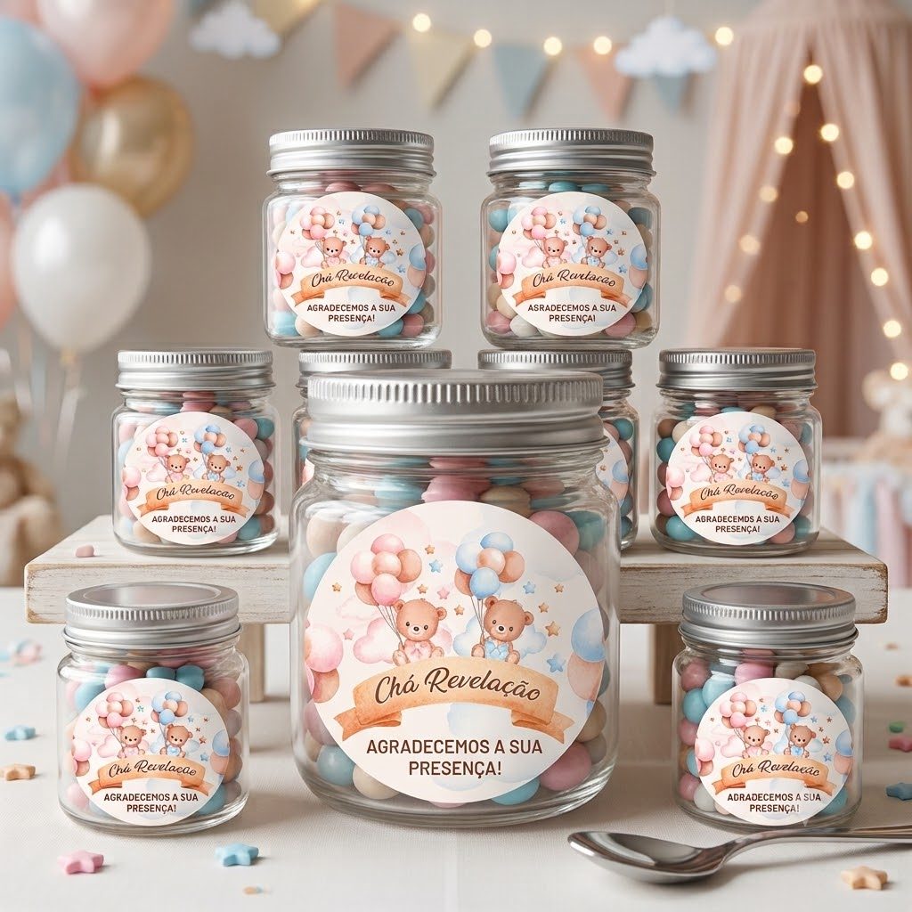 Kit 100 Rótulos adesivos Chá Revelação Chá de Bebê Ursinha e Ursinho — imagem 2 de 2