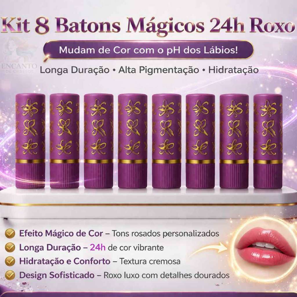 Kit 8 Batons Mágicos 24h Roxo – Mudam de Cor com o pH dos Lábios, Longa Duração e Alta Pigmentação
