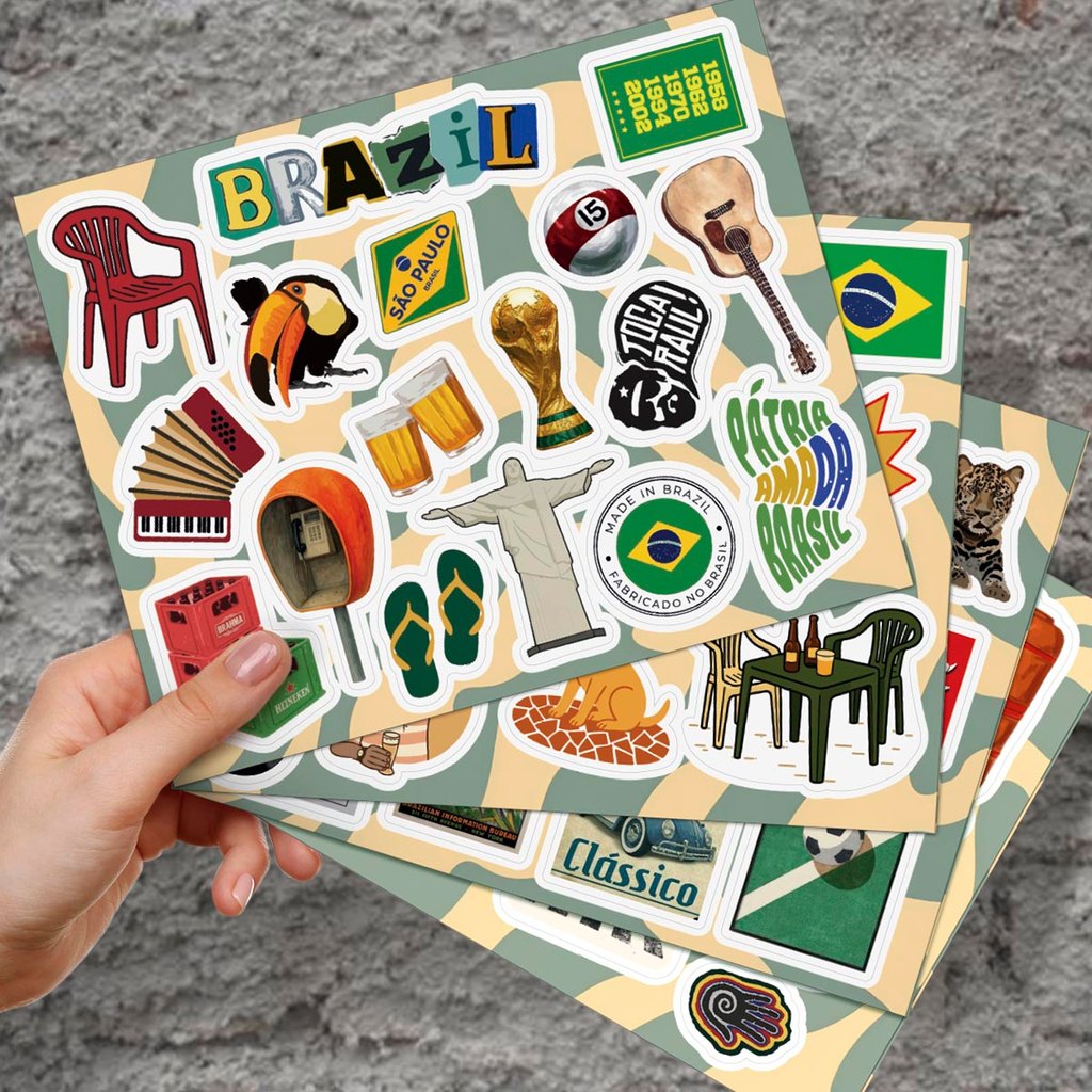 Kit +50 Stickers Brasileiros Brasilidades Vinil Impermeáveis para Kindle Notebook e Garrafa