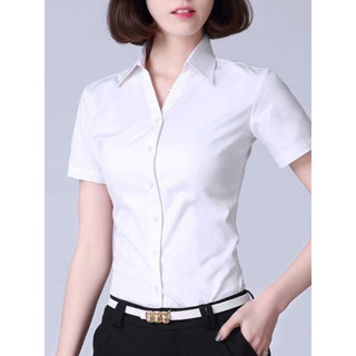 Novo estilo de verão branco com decote em V camisa de manga curta feminina profissional topo fino-ajuste Workwear verão 