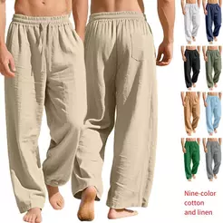 Calças Esportivas Casuais De Linho Masculinas Com Bolsos E Gravatas Cor Sólida Moda Negócios Soltas Ajuste Compridas