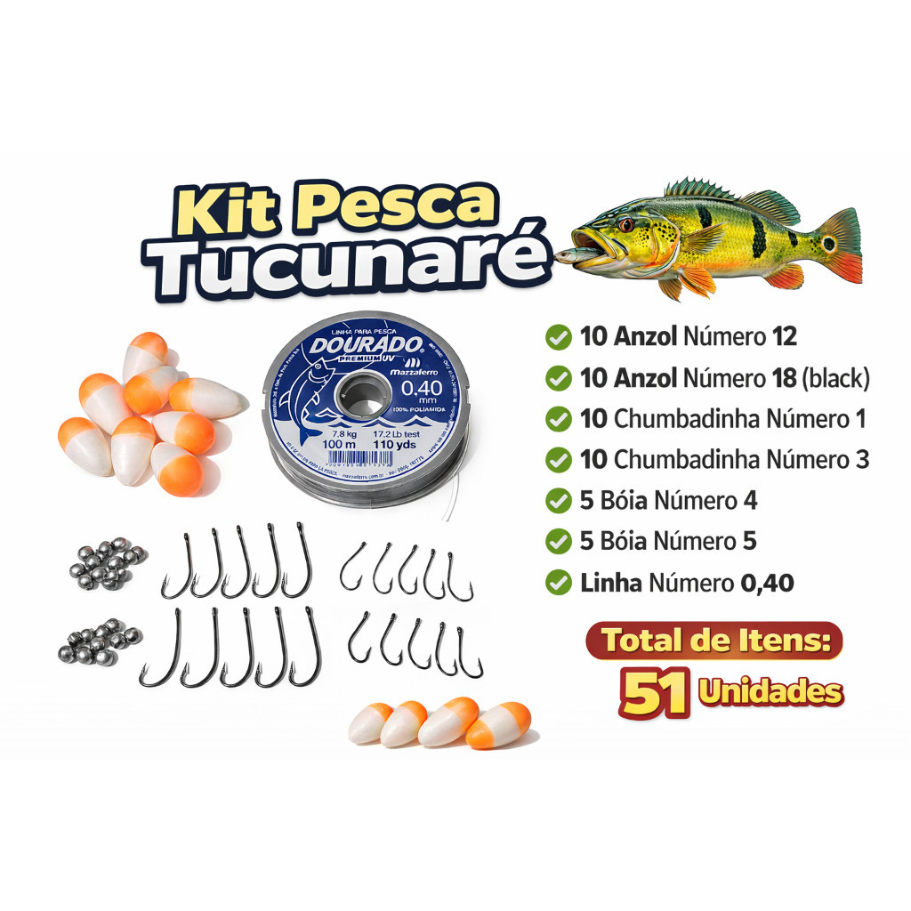 Kit De Pesca Tucunaré Rio Pesqueiro Com Linha Boia 20 Anzóis 20 Chumbadas Completo Iniciante Profissional Peixe Pescaria