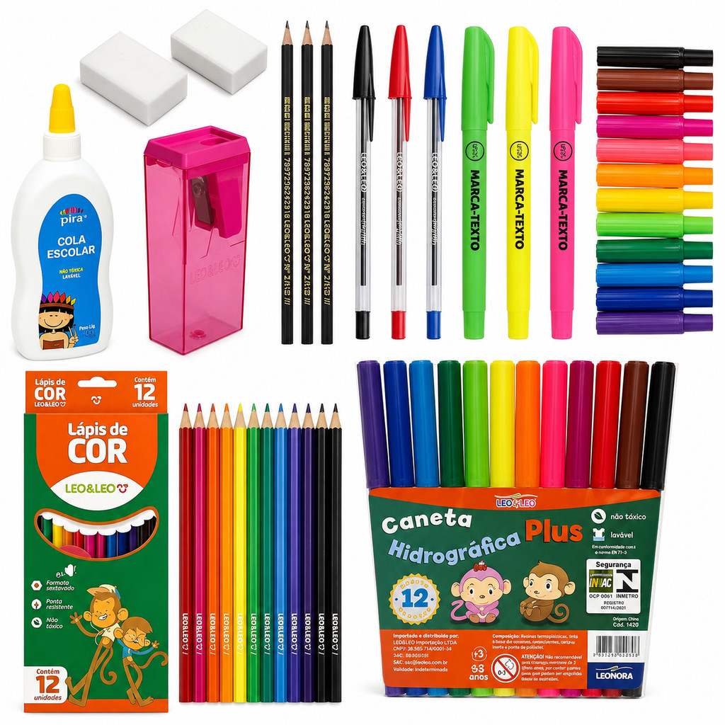 Kit Material Escolar Completo Infantil Volta as Aulas Lápis de Cor Canetinhas Bic Apontador Cola Marca Texto Borracha