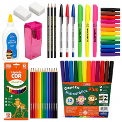 Kit Material Escolar Completo Infantil Volta as Aulas Lápis de Cor Canetinhas Bic Apontador Cola Marca Texto Borracha