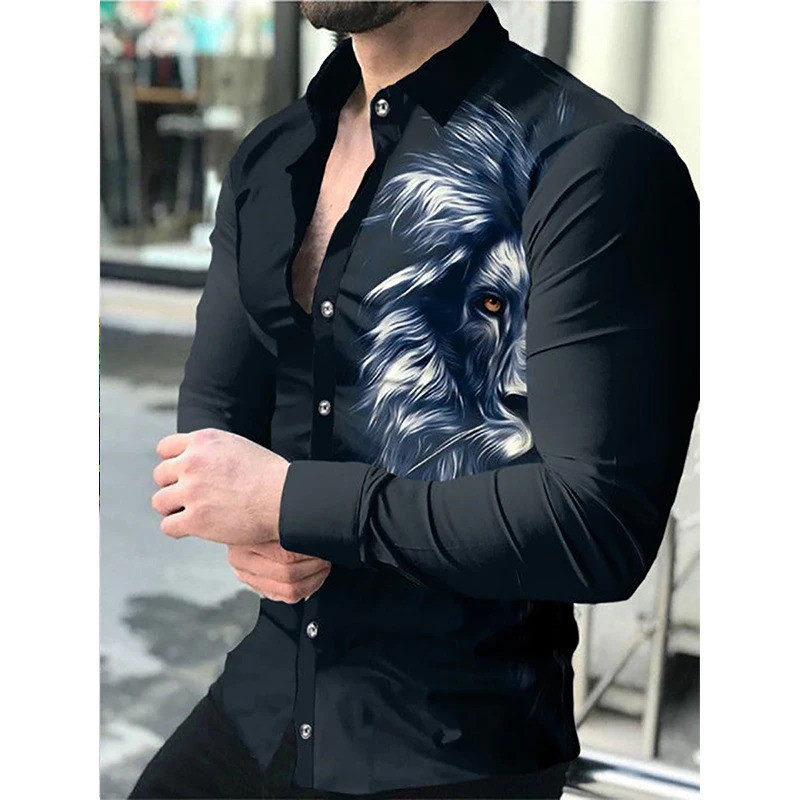 Camisas Masculinas de Luxo e Moda, Camisa Casual de Alta Qualidade com Estampa de Leão, Manga Longa, Roupas Masculinas, 