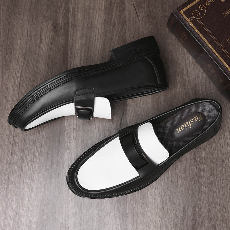Sapatos De Couro Preto Branco Masculino Slip-On Couro Genuíno Respirável Versão Coreana Casual Cor Combinando Mocassins 