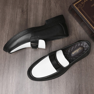 Sapatos De Couro Preto Branco Masculino Slip-On Couro Genuíno Respirável Versão Coreana Casual Cor Combinando Mocassins 