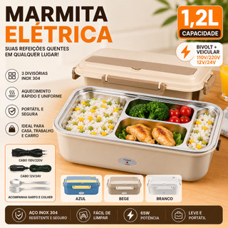 Marmita Elétrica 1,2L Bivolt 110V 220V 12V 24V Aço Inox 304 3 Divisórias Portátil com Talheres