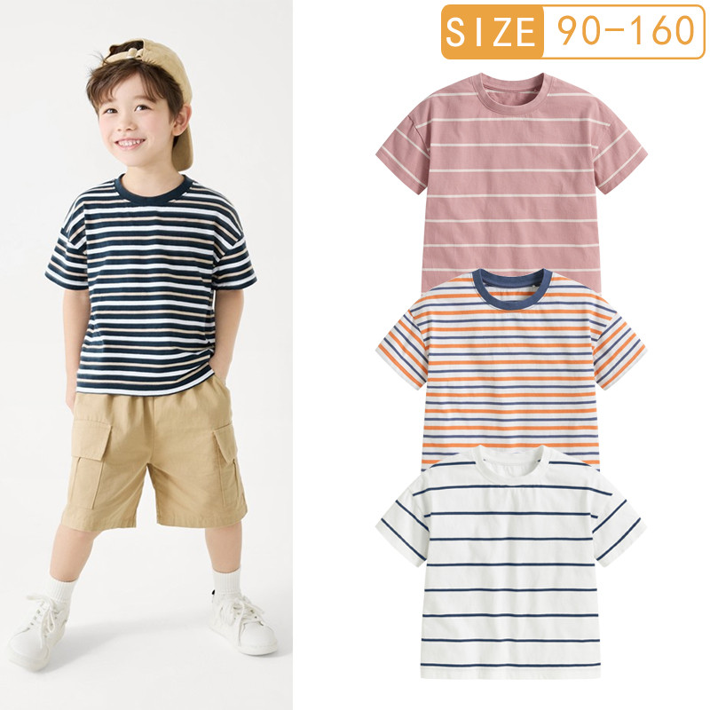 Estilo japonês verão meninos de manga curta médio grande crianças puro algodão fino camiseta bebê listrado solto em torn