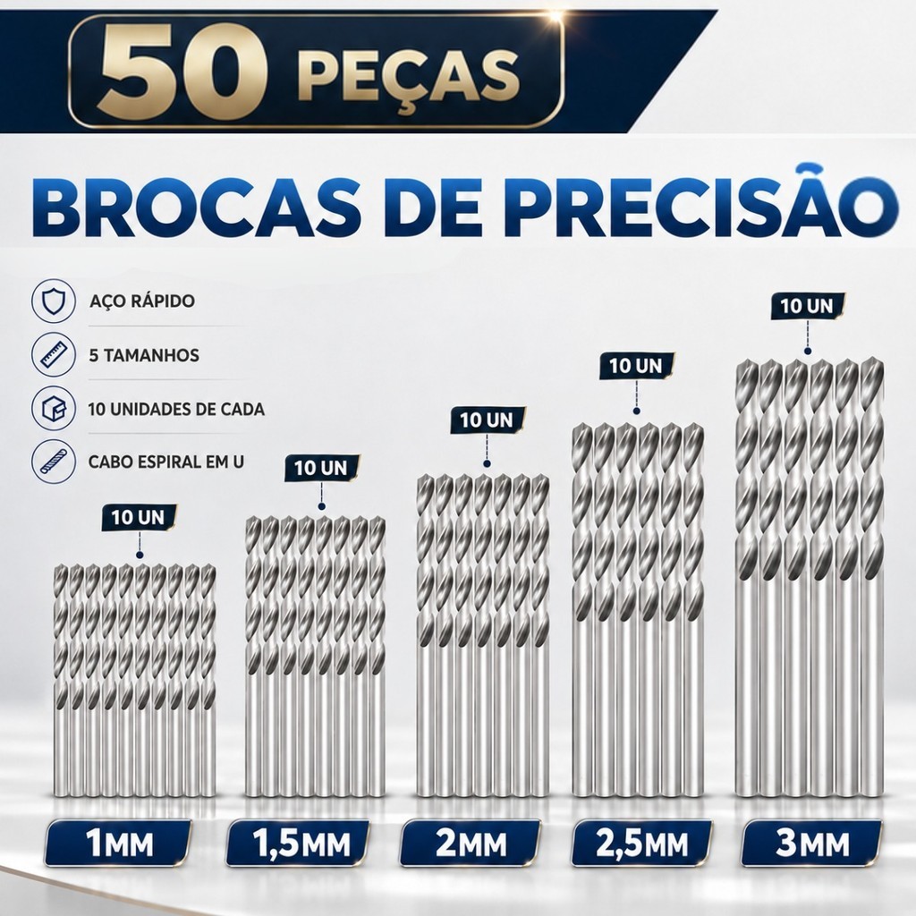Jogo com 50 Brocas de Aço Rápido 1mm 1.5mm 2mm 2.5mm 3mm Bricolagem Marcenaria Eletrônica